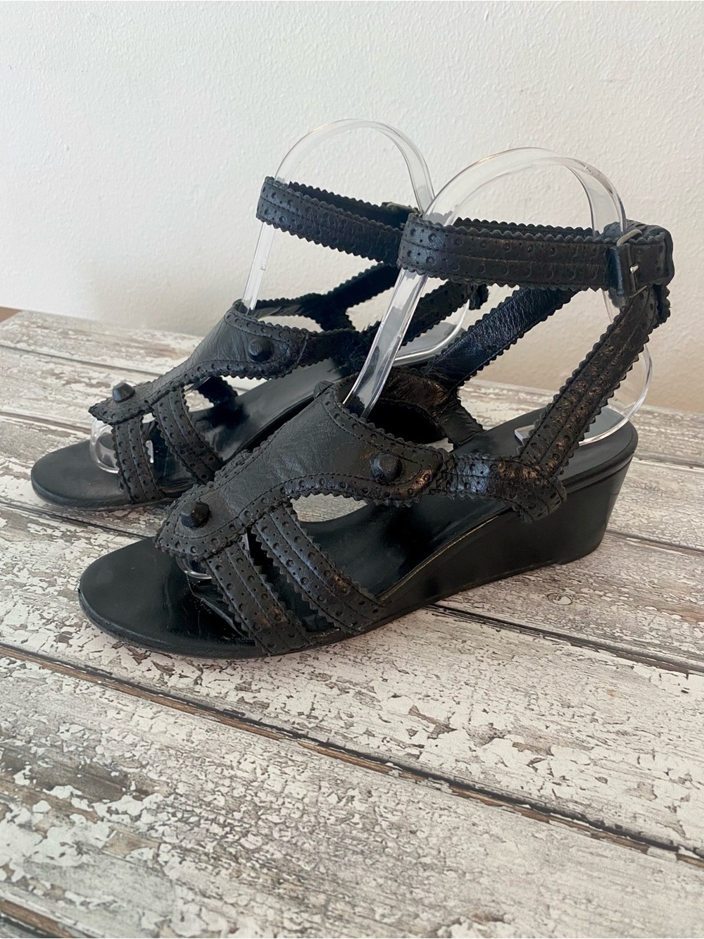 BALENCIAGA Rare Black Leather Wedge Arena Stud Sandals Heels